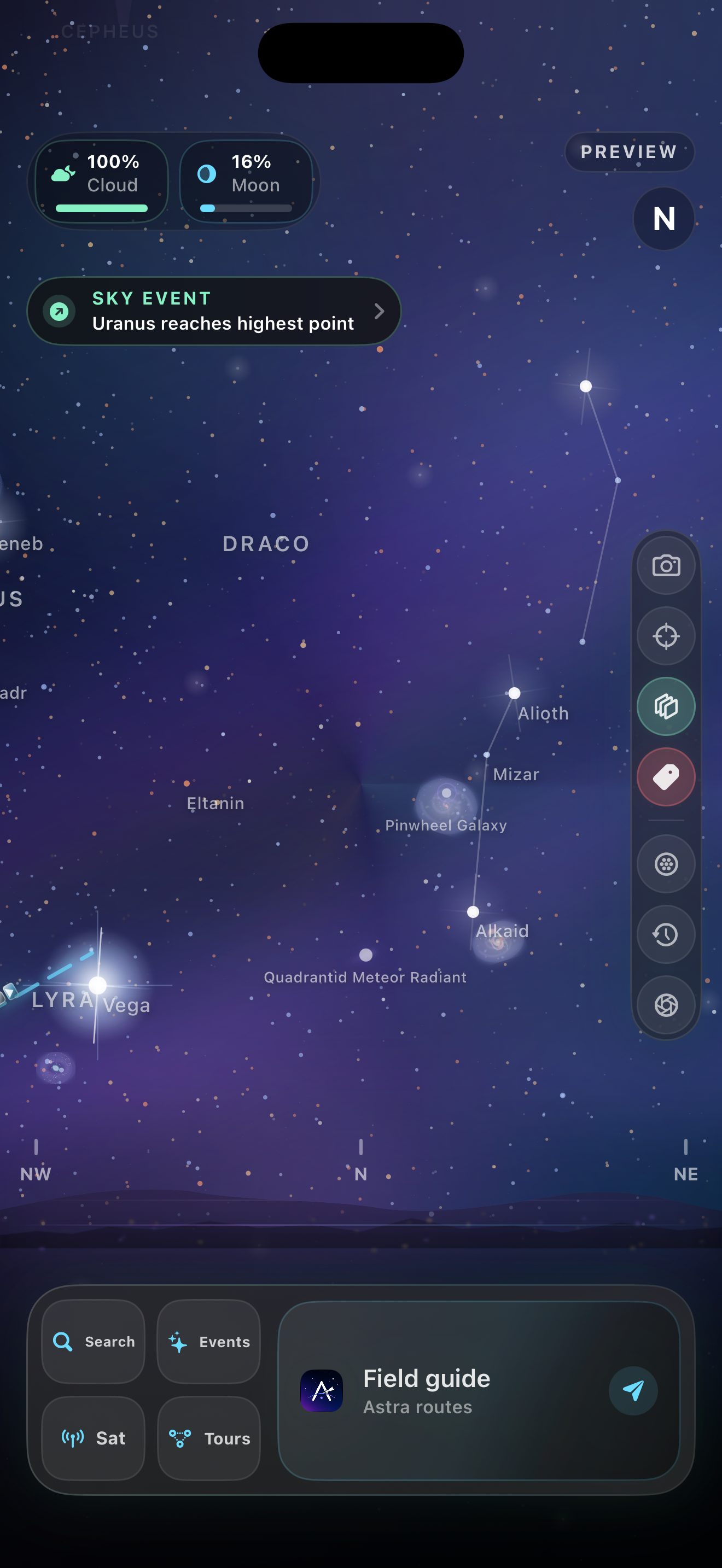 Captured AstraScope app screen with constellation labels, cloud and Moon indicators, and sky exploration controls